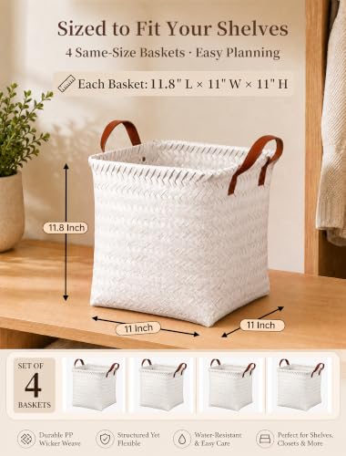 Wicker Storage Baskets, 4 Pack Woven Baskets for Shelves, White - color: Square White