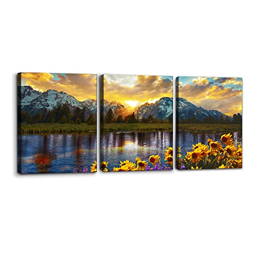 3 Pieces Mountain Canvas Wall Art for Living Room Nature Landscape Picture Sunflower Wall Decor for Bedroom Home Decoration Sunrise Grand Teton National Park Painting Framed Artwork - 12" x 16" x 3 - color: Wallart-12, size: 12" x 16" x 3 Panels