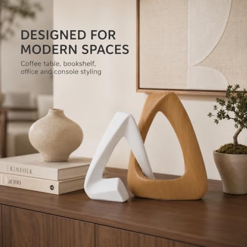 FUNTEREST Modern Abstract Sculpture Set of 2, White & Wood Grain Home Decor