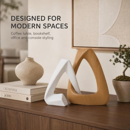FUNTEREST Modern Abstract Sculpture Set of 2, White & Wood Grain Home Decor