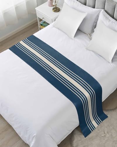 Navy Blue Beige Striped Bed Runner for Twin Size, Farmhouse Hotel Bed Scarf, Modern Farmhouse Retro Lines Decorative Beds Throws of Foot Bedding Runners & Scarves for Bedroom, 71 x 20 Inch - color: Midnightblue Beige, size: 71 x 20 Inch