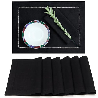 Signature Linen™ by D'Moksha, Black Placemats Set of 6, 14 x 19 Inch, 100% Pure Linen Table Mats, Hemstitch, Machine Washable Cloth Placemats- Fall, Weddings, Outdoor Hosting - color: Black, size: Set of 6 (14 X 19 Inch)