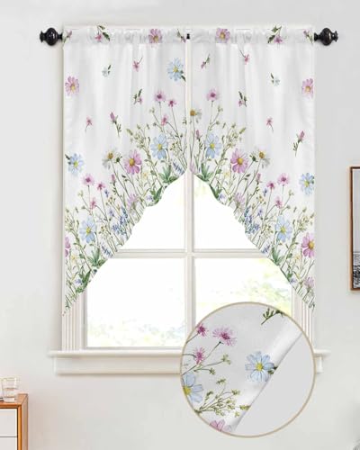 Botanical Floral Swag Valances White Kitchen Curtains 36 Inches Length, Watercolor Wildflowers Tier Drapes Swag Topper, Farmhouse Flowers Short Window Treatments for Cafe Bathroom 2 Panels 28"x36" - color: Multi Color, size: 28"W x 36"L (Pack of 2)