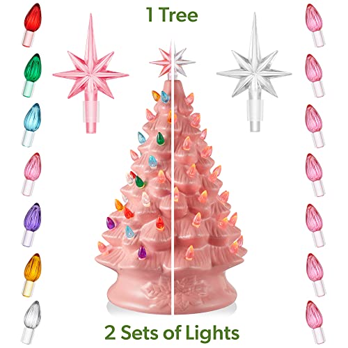 Casafield Hand Painted Ceramic Christmas Tree, Pink 15-Inch Pre-Lit Tree with 128 Multi Color Lights and 2 Star Toppers - color: Pink