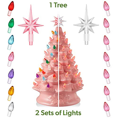Casafield Hand Painted Ceramic Christmas Tree, Pink 15-Inch Pre-Lit Tree with 128 Multi Color Lights and 2 Star Toppers - color: Pink