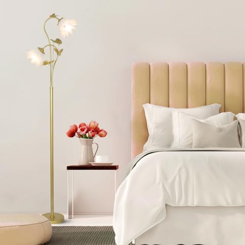 HMVPL Gold Floor Lamp for Living Room, Flower Standing Lamp with 2 LED 5W Blubs, Foot Switch, Floral Tall Lamp with Acrylic Shade, Antique Lotus Flower Floor Lamp for Living Room Office Reading - color: Gold