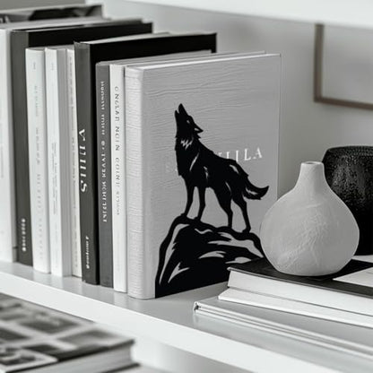 Peacoblue 5.3"x4.3"x6.4" Metal Bookends, Heavy Duty Book Ends for Shelves - style: Howling Wolf