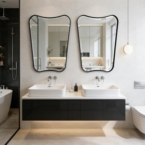 POZINO 36"x24" Irregular Beveled Bathroom Mirror for Over Sink - color: Black Irregular, size: 36"L x 24"W