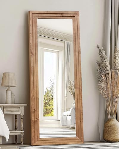 65x22in Full Length Mirror, 3-Tier Stepped Solid Wood Frame - color: Light Brown, size: 65"L x 22"W