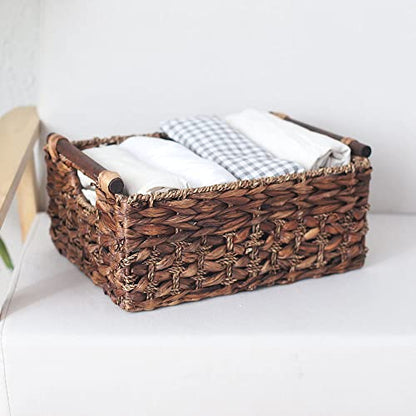 Water Hyacinth Wicker Storage Basket with Wood Handles, Large - color: Dark Brown, size: 14.17x 10.23x 6.69