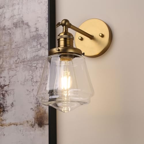 Phansthy Wall Sconces Light Fixture Industrial Wall Lamp, 180 Degree Adjustable Bathroom Vanity Light, Wall Light with Glass Shade Wall Decorative Lighting for Kitchen Living Room Hallway (Antique) - color: Antique Gold