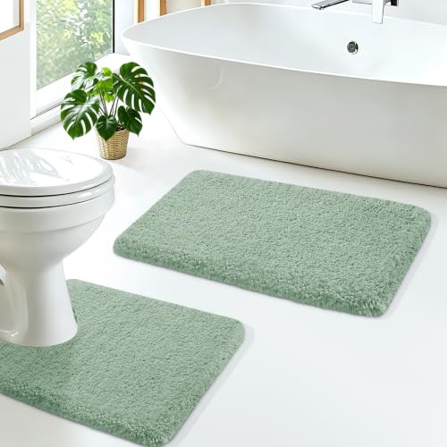 ACCUMTEK Sage Green Bathroom Rugs Sets 2 Piece, Flurry Non Slip Bath Rug, Ultra Soft Plush Absorbent Bathroom Mat, Machine Washable Luxury Toilet Rug Set, Bath Mat for Tab, Shower and Bathroom - color: Sage Green, size: 24"x17"+24"x20" Contour Rug
