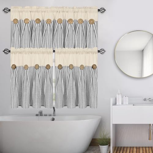 ASPMIZ Farmhouse Kitchen Curtains 24 Inch Length, Grey Stripe, 2 Panels - color: Beige&grey, size: 26"W x 24"L (Pack of 2)