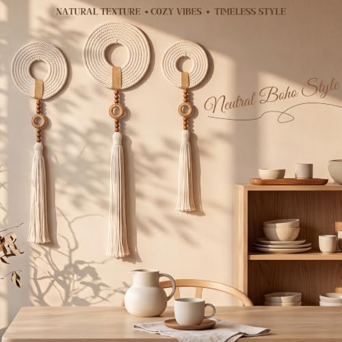 Tegeme 3 pcs Macrame Wall Hanging decor, Woven Tassel, Beige, Wood - size: Wood, style: Woven Tassel