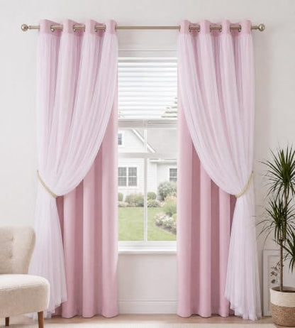 Light Pink Blackout Curtains with White Sheer Overlay for Girls Bedroom - color: Light Pink, size: 52"W x 84"L (Pack of 2)