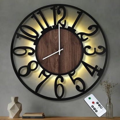 32" Silent Large Wall Clock – Adjustable Night Light, Battery Operated - color: Black Walnut - Arabic Numerals, size: 32 inch(80 cm)