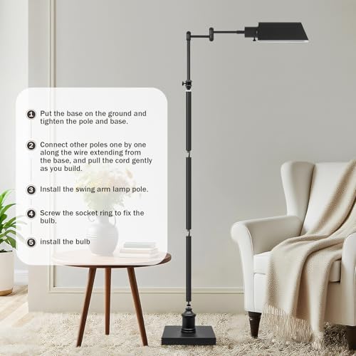 GyroVu Traditional Height Adjustable Pharmacy Floor Lamp with 350° Swing Arm, Color Temperature Adjustable Standing Lamp Metal Shade for Living Room Reading House Bedroom Home Office(Black) - color: Black