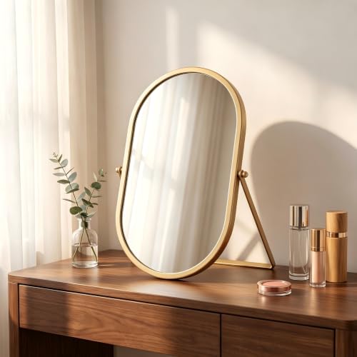 Gold Oval Vanity Mirror, 360° Rotation 180° Tilt Adjustable Desktop Makeup Mirror with Metal Frame, Decorative Standing Mirror for Bedroom, Bathroom, Living Room