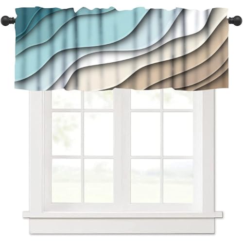 Teal Blue Beige Valance, Modern Geometric Abstract Brown Line Texture Print Blackout Rod Pocket Short Window Valance Curtain for Kitchen Cafe Bedroom Living Room, 54x18inch - color: Marble-25