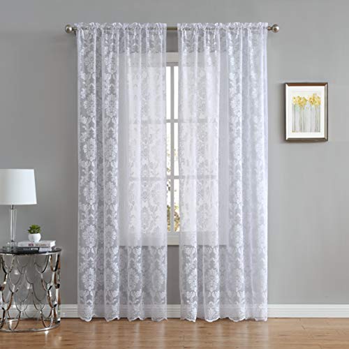 LinenZone 96 Inch Sheer White Lace Curtains. (Fiona, 54 x 96 White) - color: White, size: 54"W x 96"L (Pack of 2)