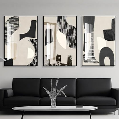 QKF 3Pcs Black White Abstract Crystal Geometric Framed Canvas Wall Art Set - color: Black and white, size: 20" X 28" X 3 pieces