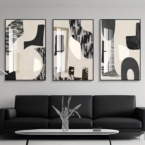 QKF 3Pcs Black White Abstract Crystal Geometric Framed Canvas Wall Art Set - color: Black and white, size: 24" X 32" X 3 pieces