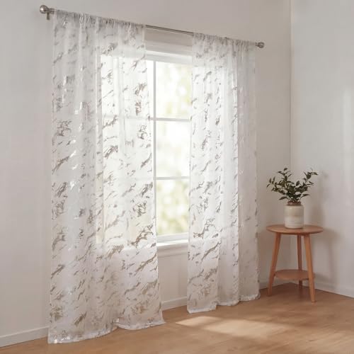 Horaldaily 2Pcs White Sheer Curtains 52x63in, Silver Sequin Marble - color: White and Sliver, size: 52"W x 63"L (Pack of 2)