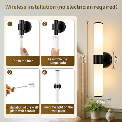 Black Battery Operated Wall Sconces Set of 2 with White Glass Lamp Shade - color: Black（White Glass）