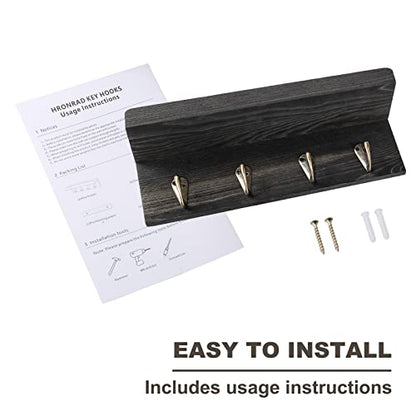 Key Holder Wall Mount, Farmhouse Wall Shelf with 4 Hooks for Entryway - color: Black - Pine