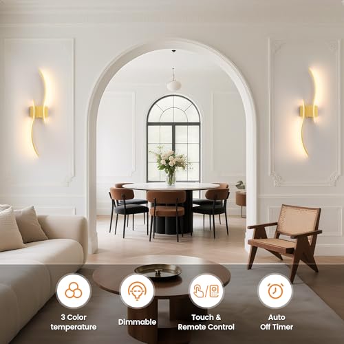 VOLISUN Battery Operated Wall Sconces Set of Two, 27.6 inch Wireless Wall Sconces, 3000K-6500K Dimmable Wall Lamps with Remote, Rechargeable Gold Wall Lights for Living Room, Hallway, Bedroom - color: Gold, size: 27.6 INCH