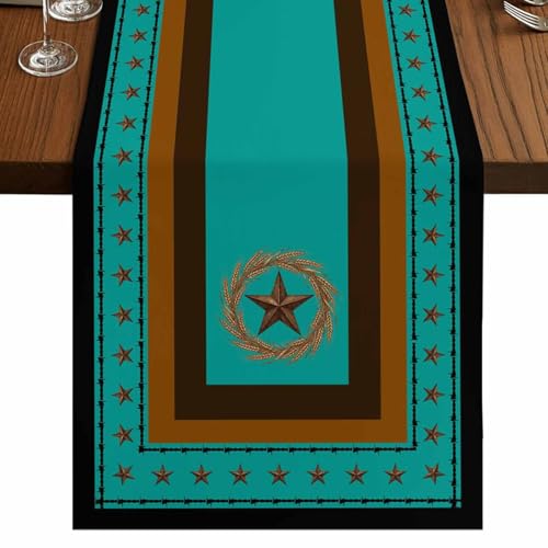 Western Texas Stars Retro Table Runner 36 Inches Long,Rustic Wheat Ears Blue Cotton Linen Table Runners Dresser Scarves,Farmhouse Fabric Tabletop Scarf Furniture Cover for Home Dinner Party 13"x36" - color: Blue Green, size: 13x36 Inches