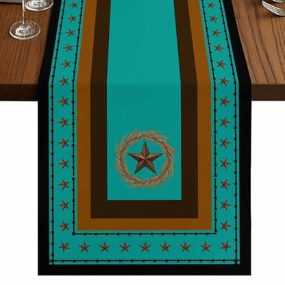 Western Texas Stars Retro Table Runner 36 Inches Long,Rustic Wheat Ears Blue Cotton Linen Table Runners Dresser Scarves,Farmhouse Fabric Tabletop Scarf Furniture Cover for Home Dinner Party 13"x36" - color: Blue Green, size: 13x36 Inches