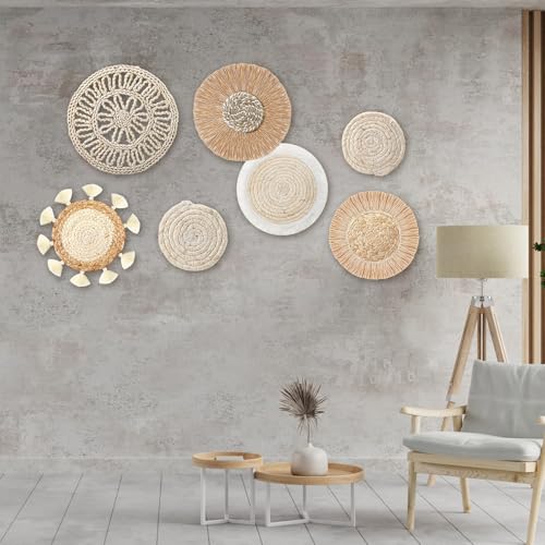 CroBlissful 7 Pcs Boho Wall Baskets Woven Seagrass Round, Vintage - style: Retro