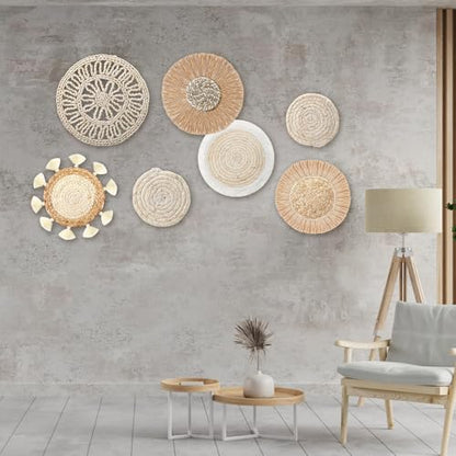 CroBlissful 7 Pcs Boho Wall Baskets Woven Seagrass Round, Vintage - style: Retro
