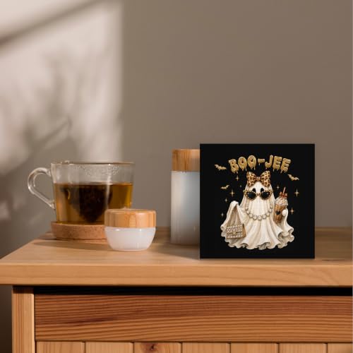 Preppy Halloween Leopard Bow Ghost Wood Box Sign Desk Decor 5X5 - color: Glam Ghost