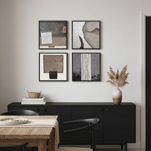 Framed Modern Abstract Wall Art for Living Room, 4 Piece Neutral Contemporary Brown Canvas Prints Artwork for Walls, Minimalist Geometric Square Wall Art for Bedroom Office Hallway, 12x12 Inch - color: Gray & White & Brown, size: 12" W x 12" H x 4 Pieces