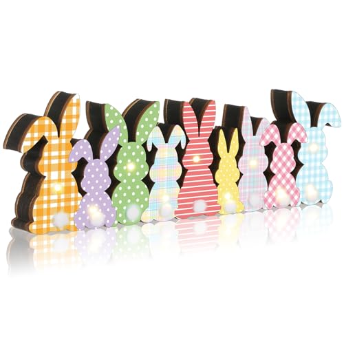 Yousoontic Easter Decorations, Bunny Easter Decor for Table with LED Lights Wood Bunny Table Centerpieces with Plush Tail 3D Block Rabbit Sign Farmhouse Decor for Spring Home Mantel Desk Office Party - style: Bunny