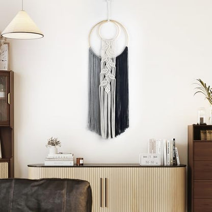 LB Black Macrame Wall Hanging, Handmade Woven Tapestry- Boho Dream Catchers Grey and Black Hanging Macrame Wall Art for Living Room Apartment Office Backdrop,10X30 Inch - color: Grey