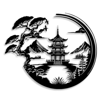 LIYOUYA Bonsai Tree Torii Gate Metal Wall Decor - Japanese Style Room Decor Black Wall Art Home Decor for Living Room, Bedroom, Dining Room (Black)