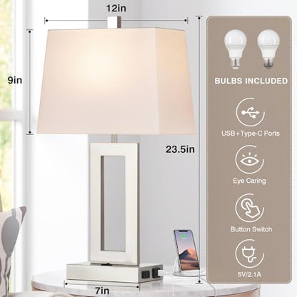 Cinkeda Silver Bedside Table Lamp Set of 2,Nightstand Lamps with USB Ports - color: B.White&Silver