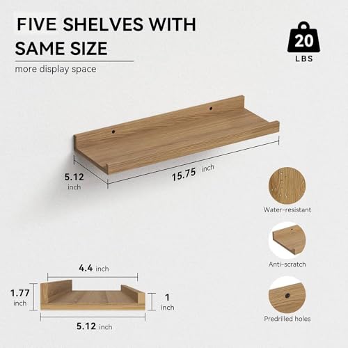 RICHER HOUSE 5-Set Floating Shelves with Lip, Oak Wall Mounted Wood Shelf - color: Oak, size: 16in