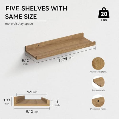 RICHER HOUSE 5-Set Floating Shelves with Lip, Oak Wall Mounted Wood Shelf - color: Oak, size: 16in