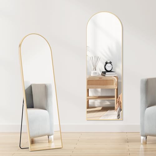 OLIXIS Arched Full Length Mirror 59"x16.3" for Bedroom, Full Body Mirror with Stand, Hanging or Leaning for Wall, Aluminum Alloy Thin Frame Floor Standing for Living Room, Long, Gold