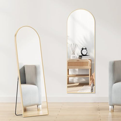 OLIXIS Arched Full Length Mirror 59"x16.3" for Bedroom, Full Body Mirror with Stand, Hanging or Leaning for Wall, Aluminum Alloy Thin Frame Floor Standing for Living Room, Long, Gold