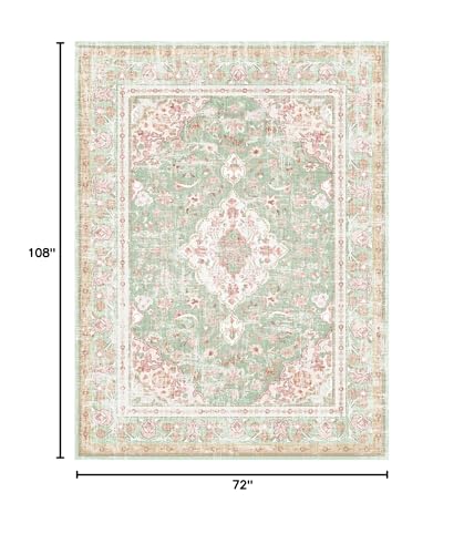 Vhong Washable Area Rugs Boho Vintage Modern Neutral Large Carpet Green and Pink High Traffic Rugs 6×9 for Dinning Room Living Room Bedroom Farmhouse Non Slip - color: Green/Pink, size: 9' x 6' (Rectangular)