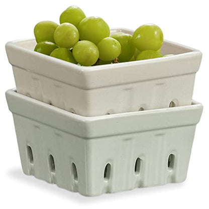 ONEMORE Ceramic Berry Basket, Square Fruit Bowls, Rustic Stoneware Berry Colander Set of 2, 5.7 inch, Gray & Light Green - color: Gray & Light Green