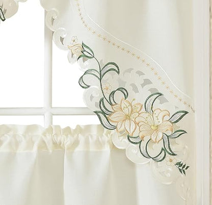 GOHD Lily Fragrance 3pcs Colorful Embroidery Kitchen Cafe Curtain Set.Beige - color: Beige
