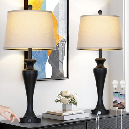 30" Black Table Lamps Set of 2, Touch Control Tall Living Room Lamp with USB A+C Ports and AC Outlet, 3-Way Dimmable Bedside Lamps for Nightstand, Modern Metal Bedroom Lamp, 2 Bulbs Included - color: Black