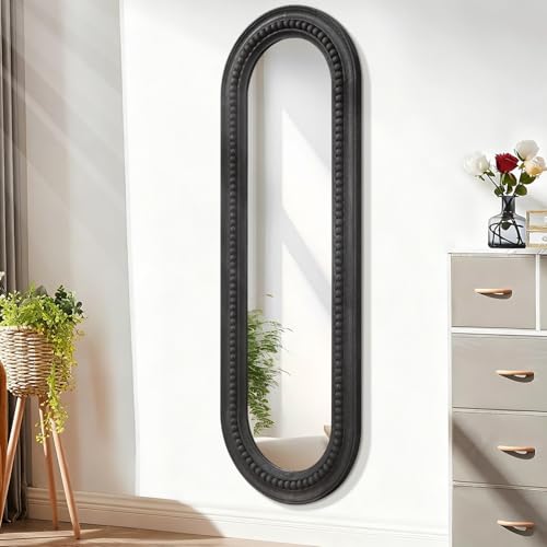 Oval Full Length Mirror with Beaded Wood Framed Black Decorative Large Wall Mirrors 47"x16" for Bedroom Bathroom Living Room Entryway Home Hanging - color: Black, size: 47"L x 16"W