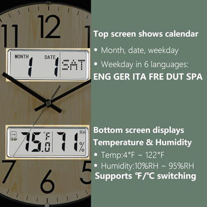 Nbdeal 13-Inch Analog Silent Wall Clock with Calendar Temperature & Humidity (Natural) - color: Natural